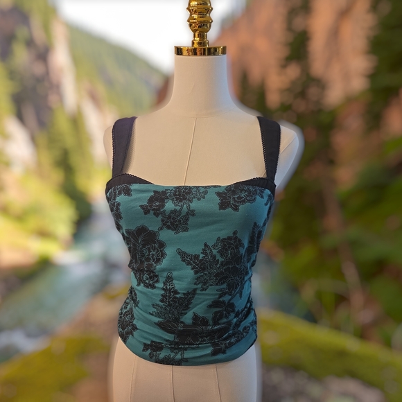 Free People Teal and Black Floral Tank Top - Picture 3 of 7